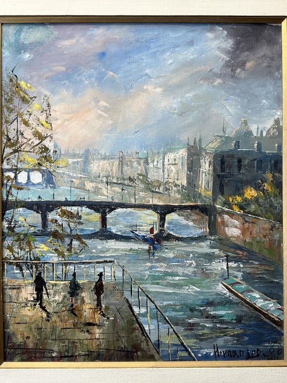 MCM Signed Oil on Canvas River Bridge Landscape (1 of 10)