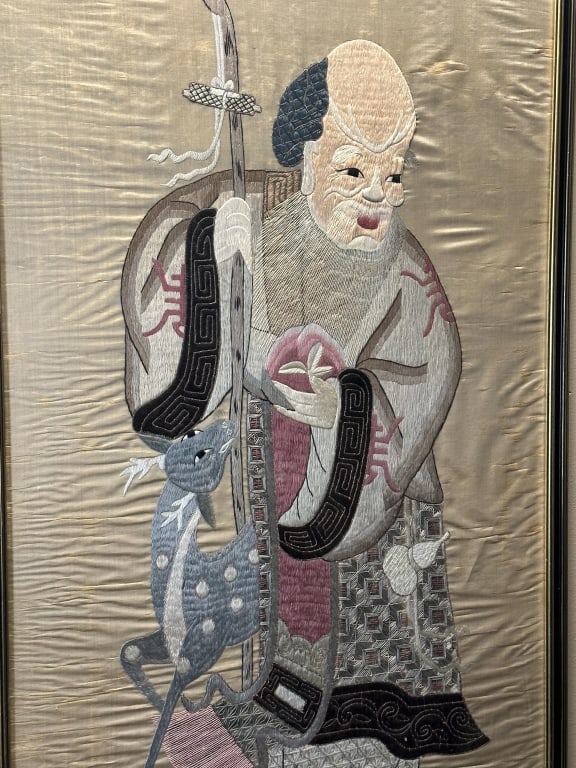 Lg. Fine Chinese Embroidered Silk Textile ShouLao (1 of 10)