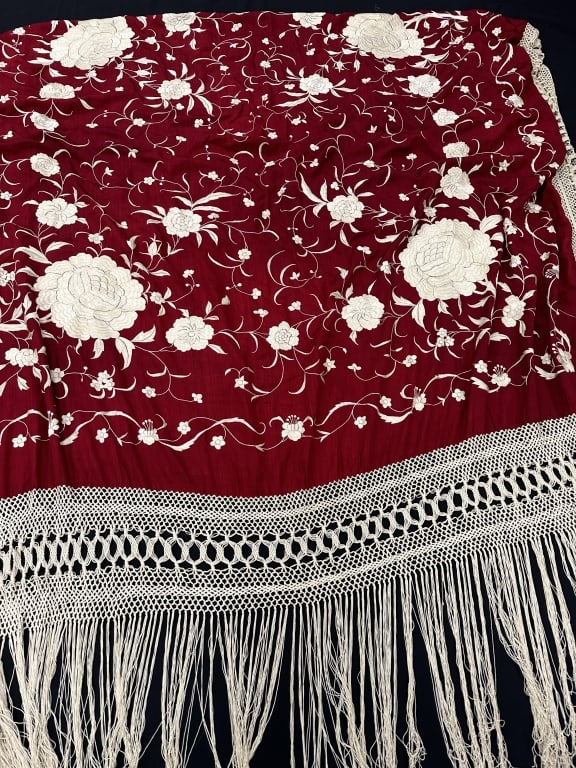 Deep Ruby Red Silk Embroidered Tablecloth w/Fringe (1 of 20)