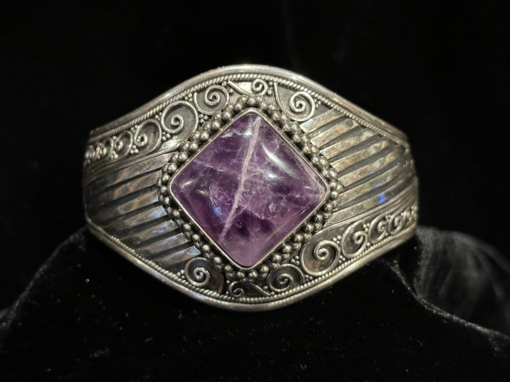 Sterling & Amethyst Wide Cuff Women's Bracelet (1 of 11)