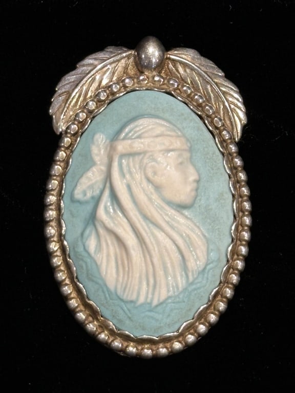 Native American Blue Cameo Sterling Pendant Brooch (1 of 6)