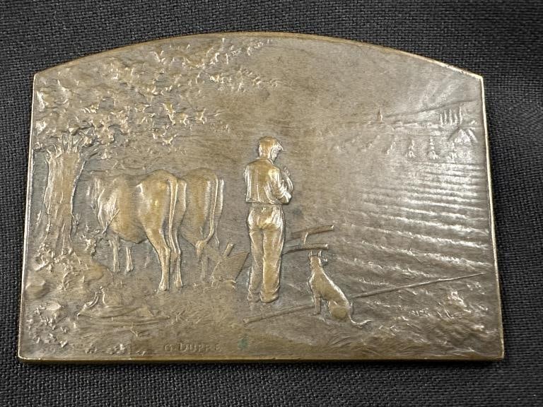 Bronze Metal Signed G. Dupree 2 Sided France: Fine Antique Jules Dupre Medallion Bronze Medal. Signed G. Dupre, France. Two sided detailed very high relief, reads " C'est Langelvs Qvi Tinte et Rappelle En Tovt Liev, Qve Le Matin Des Jovrs et le s