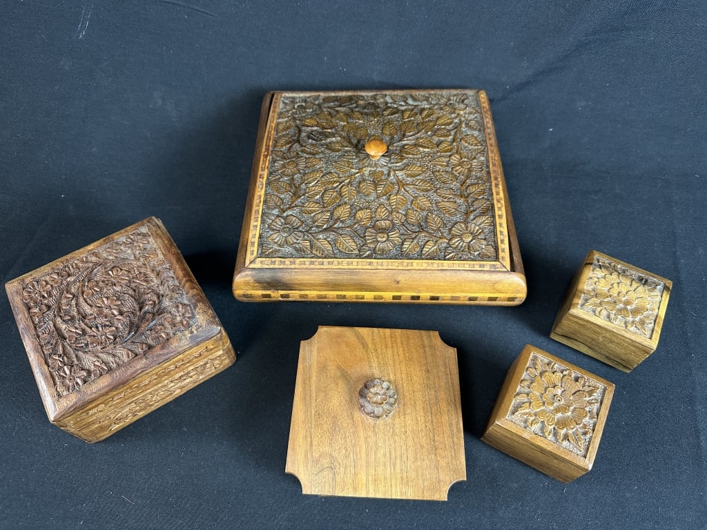 Lot of 5 Wooden Intricately Carved Boxes w Lids (1 of 18)