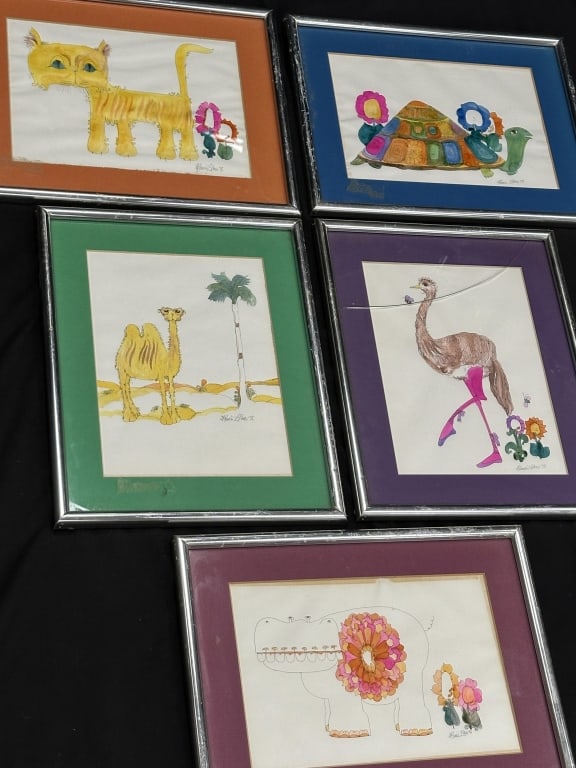 5 Whimsical Animal D.Elson Ink Watercolors MCM (1 of 14)