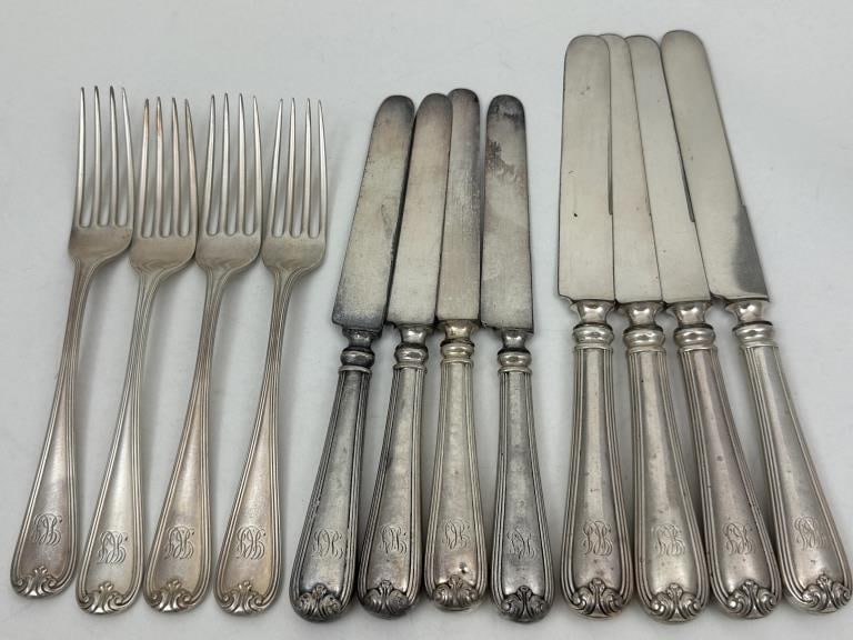 12 pcs. Gorham Sterling Flatware 'Heritage": 12 pcs. Gorham Sterling Flatware 'Heritage" Lot of 12 pieces of Gorham Sterling Silver flatware. Heritage Pattern. Includes 4 of each: dinner forks; Sterling handle dinner knives; Sterling handle Lunc