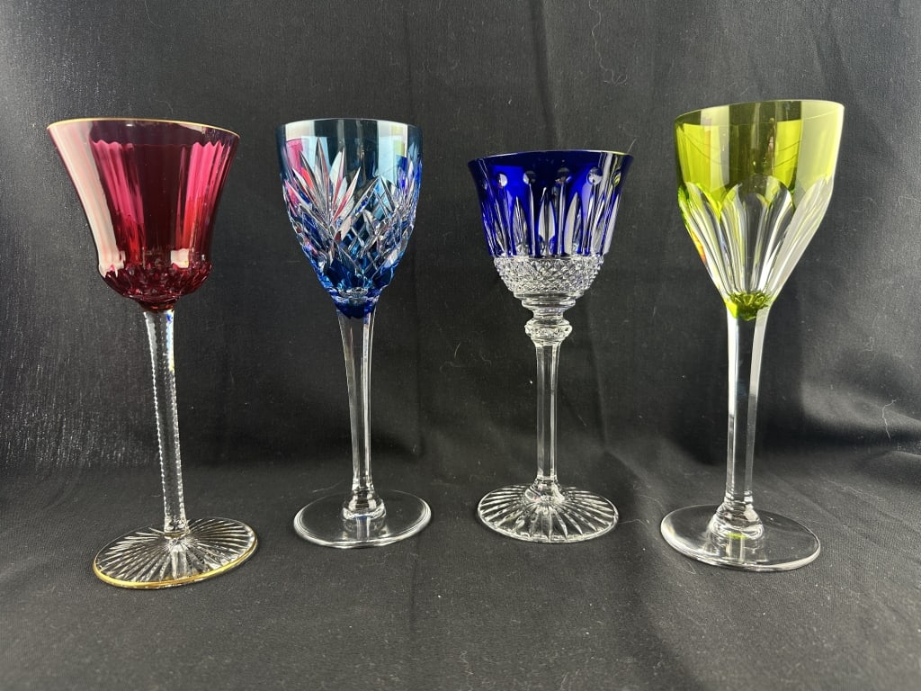 4 Bohemian Cut to Clear Crystal Wine Glasses: 4 Bohemian Cut to Clear Crystal Wine Glasses Lot of four Bohemian / Czech cut to clear crystal wine glasses in soft pink, cobalt blue , teal, and Saint-Louis Apollo Red Hock chartreuse? Various size a