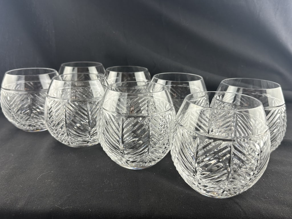 8 Crystal Stemless RalphLauren Vintage WineGlasses: 8 Crystal Stemless RalphLauren Vintage WineGlasses Set of 8 vintage signed Ralph Lauren cut crystal stemless red wine glasses. Measures: 4-1/2" x 4-1/4".