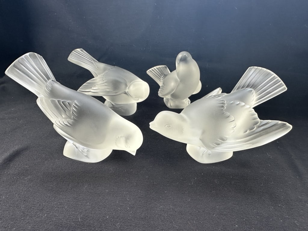 4 Lalique Frosted Cut Crystal Sparrows (2 of 2): 4 Lalique Frosted Cut Crystal Sparrows (2 of 2) Lot of four frosted Lalique cut crystal sparrow figurines / paperweights in different positions. made by Lalique of France. Signed on base. Group 2 of 2