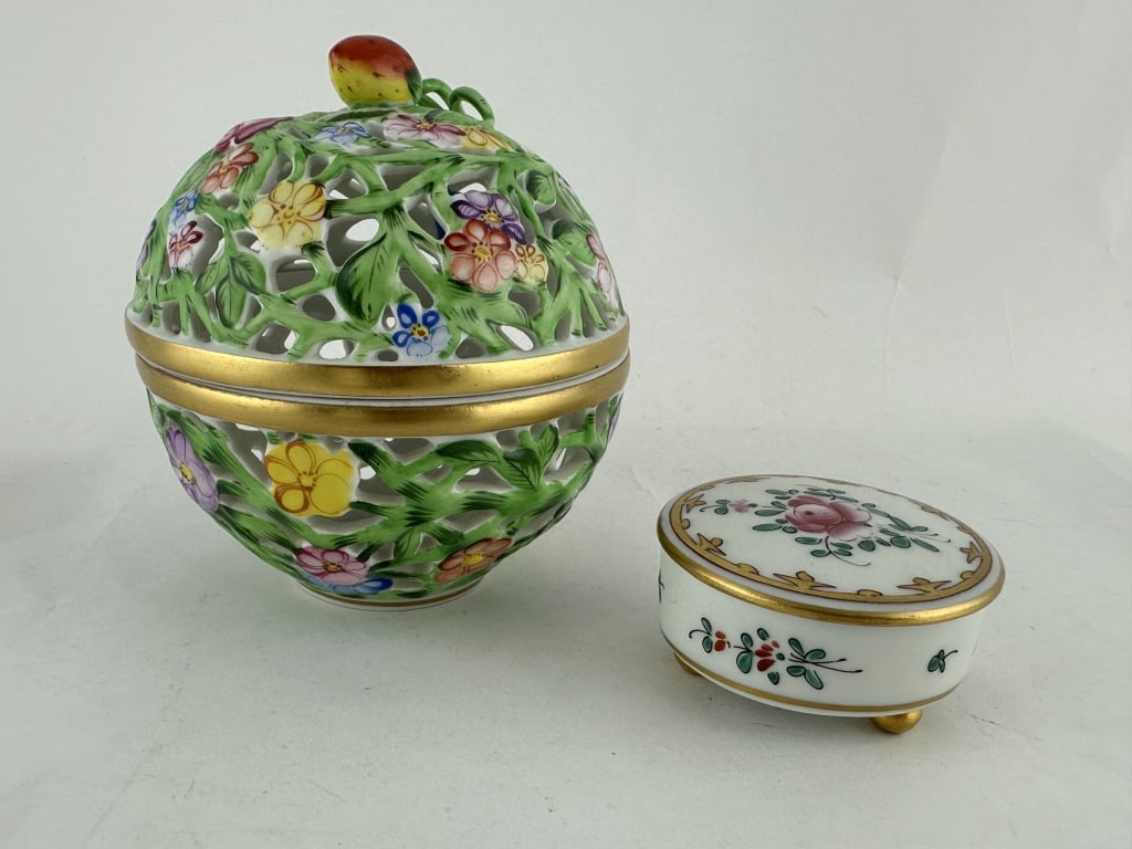 2 Herend & Limoges Beautiful Porcelain Containers: 2 Herend & Limoges Beautiful Porcelain Containers 2 Herend & Limoges Beautiful Porcelain Containers including: 1.) Wonderful reticulated pierced round lidded floral motif porcelain container with stra