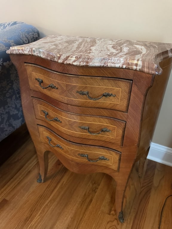 Marble Top Bombe Parquet Nightstand Table 1 of 2: Marble Top Bombe Parquet Nightstand Table 1 of 2 Antique Louis VX Rococo style Bombe three drawer commode / nightstand / accent table with marble top, parquetry, dovetail joinery, and metal tipped cab