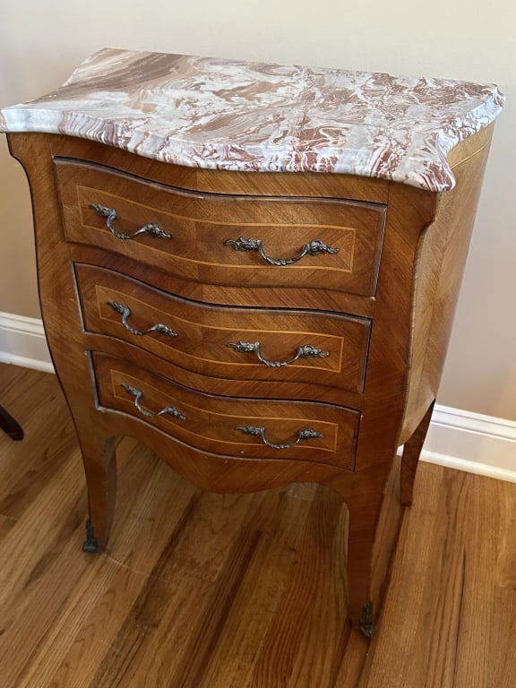 Bombe Marble Top Parquet Nightstand Table 2 of 2: Bombe Marble Top Parquet Nightstand Table 2 of 2 Antique Louis VX Rococo style Bombe three drawer commode / nightstand / accent table with marble top, parquetry, dovetail joinery, and metal tipped cab