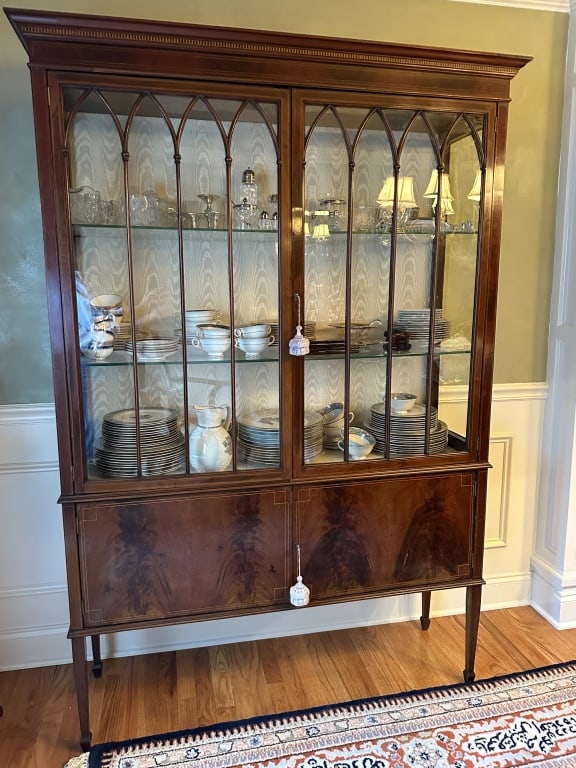 Sheraton Federal Glass Flame China Display Cabinet: Sheraton Federal Glass Flame China Display Cabinet Sheraton Federal style two shelf display / china cabinet with two doors. Decorated with flame grain veneer and contrasting parquet, pointed arch wood