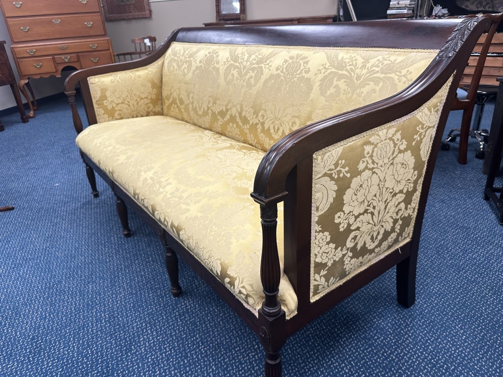 Mahogany Sheraton Sofa Yellow Brocade Upholstery: Mahogany Sheraton Sofa Yellow Brocade Upholstery Antique Mahogany Sheraton carved mahogany and yellow brocade sofa. Reupholstered in the 1980s. Measures: 38" h, 19"h seat x 32" w x 73-1/2" l.