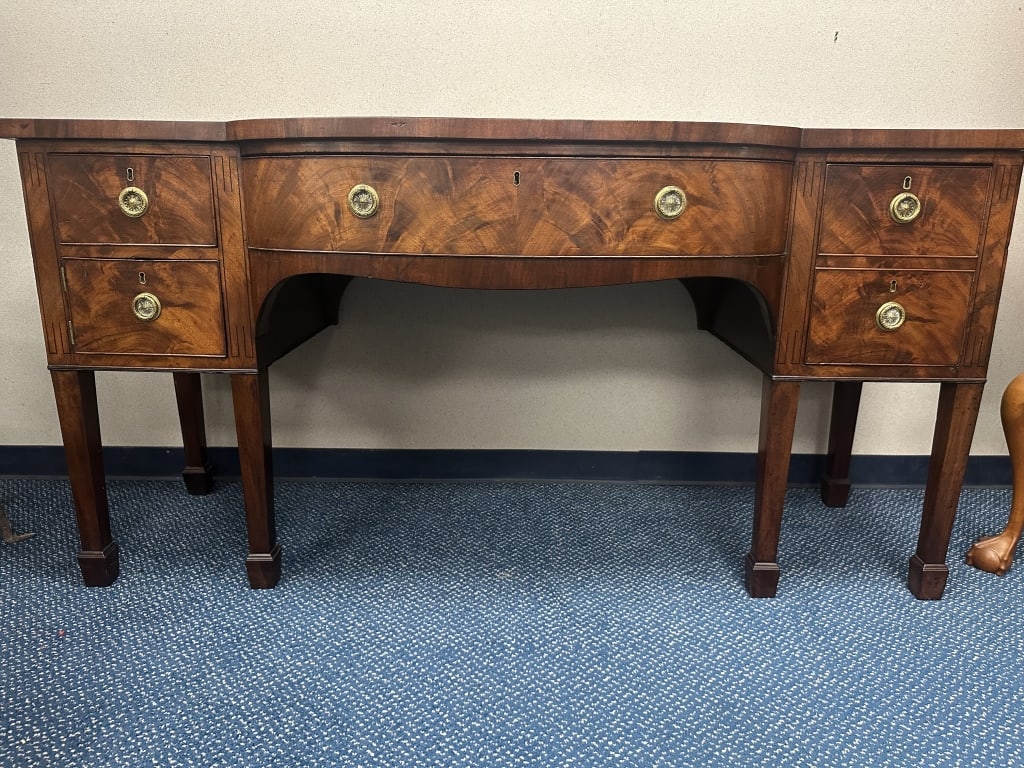 English Sideboard Buffet w/ Brass Pulls 4 Dr.: English Sideboard Buffet w/ Brass Pulls 4 Dr. Beautiful Antique English four drawer period sideboard buffet with warm painted grain finish and brass pull handles. Measures: 36-1/2" h x 71-3/4" l x 26"