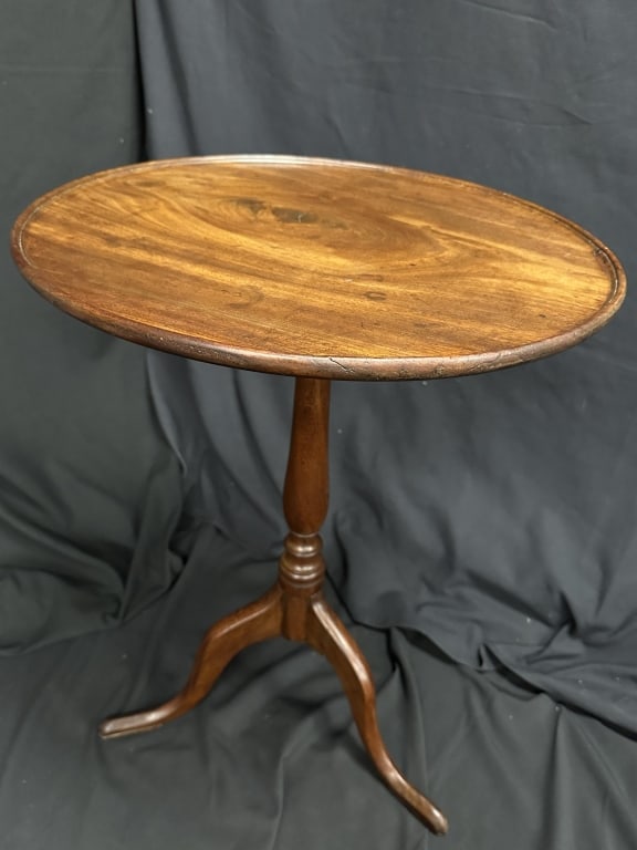 Antique Candle Stand Tripod Leg Round Top Table: Antique Candle Stand Tripod Leg Round Top Table Antique period candle stand tripod table with round top on turned post. Measures: 20" h x 26-1/2" w.