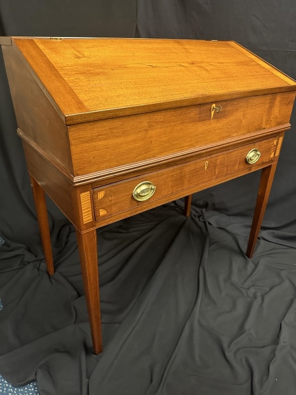 19thC. Antique Slant Top School Master's Desk: 19thC. Antique Slant Top School Master's Desk Antique 19th century hinged slant top school master's desk with interior drawers, slots, and locking compartment. Large drawer with brass hardware. Measur