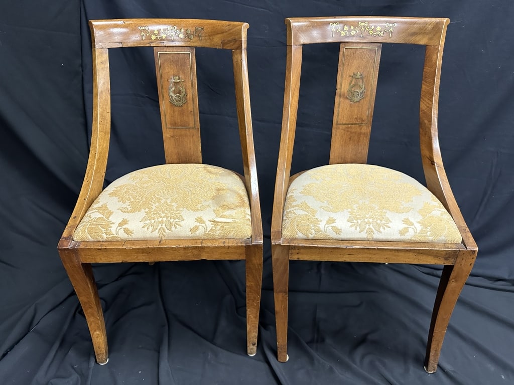 Pr. 18thC. French Empire Brass Inlay Side Chairs: Pr. 18thC. French Empire Brass Inlay Side Chairs Fine Crafted Pair of antique c.1790 period French Empire wood side chairs with wonderful brass inlay, upholstered brocade seats. Measures: 32-3/4" h, 1