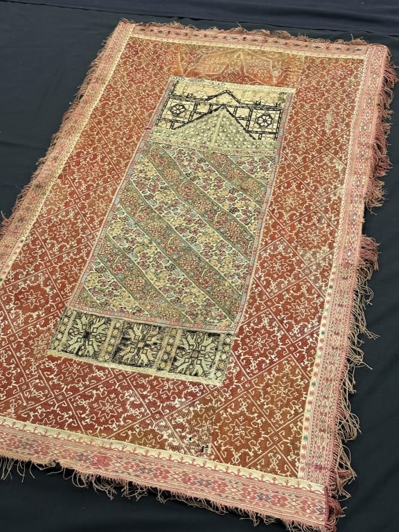 Fine 17thCentury Greek Isle Embroidery MetalThread: Fine 17thCentury Greek Isle Embroidery MetalThread Fine 17th Century Greek Isle Embroidery. Metal threads, linen foundation. Measures: 51" x 30" without fringe / 53-1/2" x 30 with fringe. On Wooden su