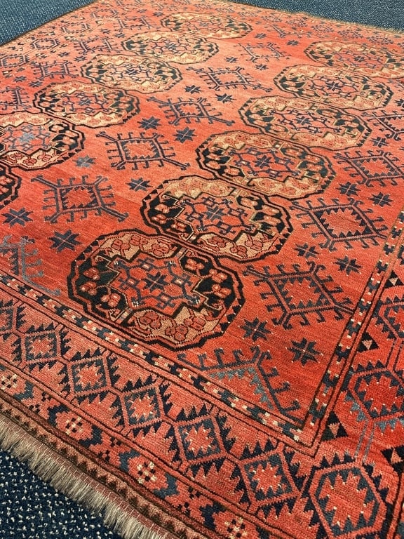 Ersari Main Antique Oriental Carpet Rug BrightRust: Ersari Main Antique Oriental Carpet Rug BrightRust Handmade antique 19th century Ersari Oriental area rug in bright warm tone with geometric design. Measures: 91" x 90" with fringe 94" x 90"