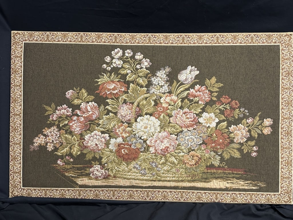 French Tapestry Mounted Gobelin Still Life Floral: French Tapestry Mounted Gobelin Still Life Floral Antique French Gobelin floral still life tapestry. Textile mounted on fabric backed board. Measures: 27-1/4" h x 45-1/8" w.