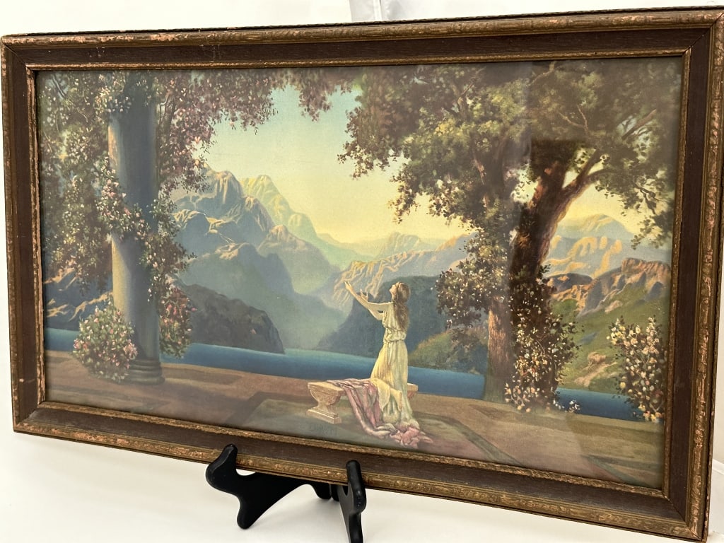 R. Atkinson Fox "Dawn" Framed Litho c.1920: R. Atkinson Fox "Dawn" Framed Litho c.1920 c. 1020 R. Atkinson Fox "Dawn" Art Deco Lithograph featuring an Enchanted Women within a Treed Mountain Water Landscape. Robert Atkinson Fox (b. 1860 - d. 19