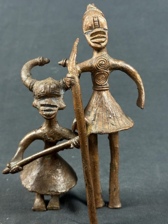 2 African Cast Bronze Primitive Ritual Figurines: 2 African Cast Bronze Primitive Ritual Figurines Lot of two African folk art cast bronze figurines with thick ritual patina, likely made by the indigenous Dogon metal smiths in the Mali region for a f