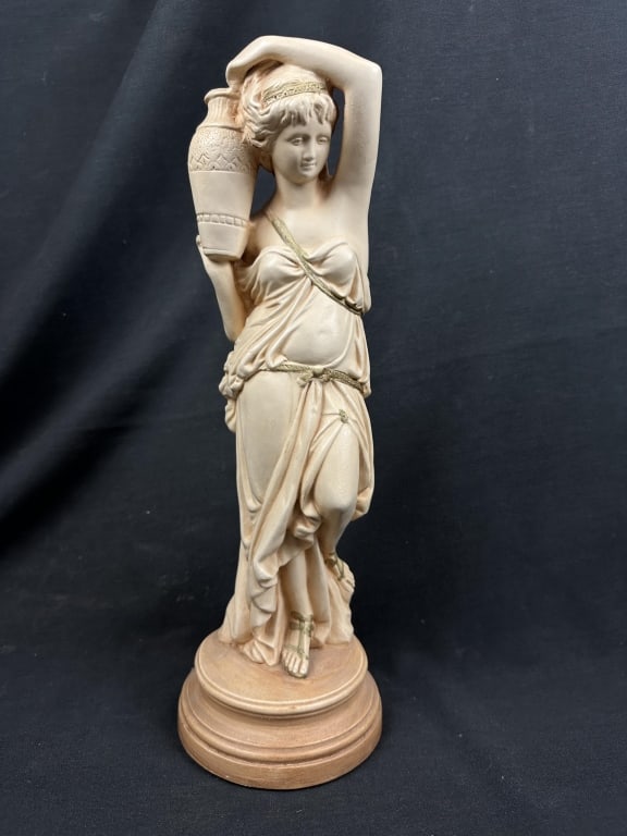 Neoclassical Greek Statuette Artistic Royalties: Neoclassical Greek Statuette Artistic Royalties Modern Neoclassical Greek / Roman statuette of woman bearing vase. Made by Artistic Royalties, #1832, signed in mold. Measures: 15-1/2" h x 5-1/8" w.
