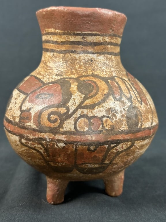 Mexican Folk Art RedWare Handpainted Pottery Vase: Mexican Folk Art RedWare Handpainted Pottery Vase Vintage Mexican folk art red ware handpainted pottery Footed vase / pot decorated with images of Aztec / Mayan warriors in natural mineral colors, mea