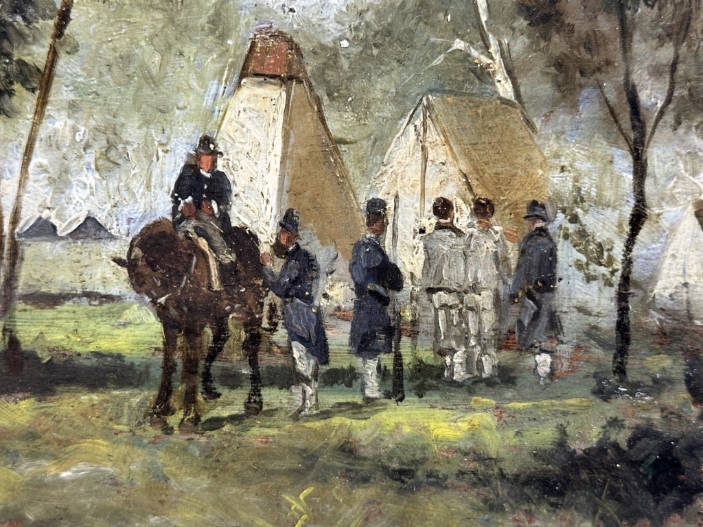 1894 Signed Oil on Board Civil War Soldiers atCamp: 1894 Signed Oil on Board Civil War Soldiers atCamp 1894 Signed Oil on Board Civil War Soldiers at Camp. Oil painting of Civil War soldiers, Union officers with Confederate captives, dated 1894 and sig