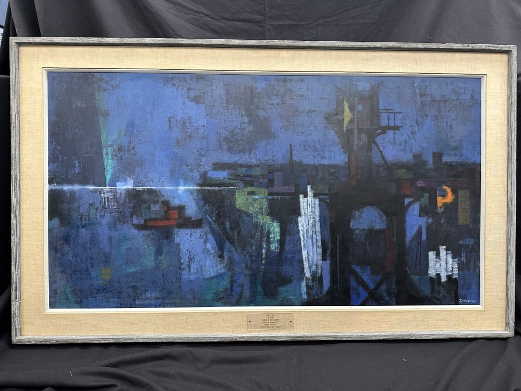 Signed Dean Ellis Lg.Oil on Board Sounds in Harbor: Signed Dean Ellis Lg.Oil on Board Sounds in Harbor Dean Ellis signed Large oil on board painting, "Sounds in the Harbor" by artist Dean Ellis (American, 20th century). This piece makes a statement wit