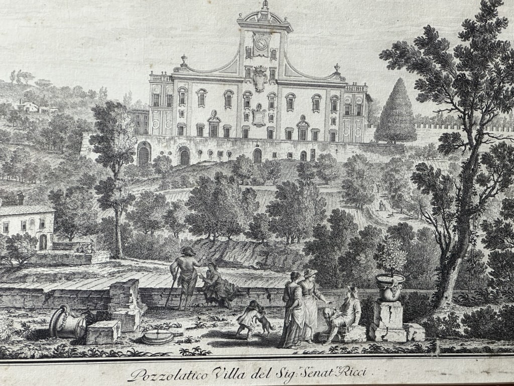 Etching View Florence Giampiccoli c.1744 Zocchi #3: Etching View Florence Giampiccoli c.1744 Zocchi #3 Etching and engraving, "Pozzolatico Villa del Sig.r Senat.re Ricci" or "Pozzolatico Villa of Mr. Senat.re Ricci" engraved by Giuliano Giampiccoli (It