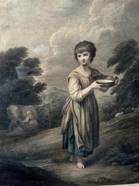 Engraving Macklin'sBritish Poets afterGainsborough: Engraving Macklin'sBritish Poets afterGainsborough Colored engraving of milkmaid "Lavinia" ca. 1795 by Francesco Bartolozzi after Thomas Gainsborough (English, 1727 - 1788), number 2 of "Macklin's Bri