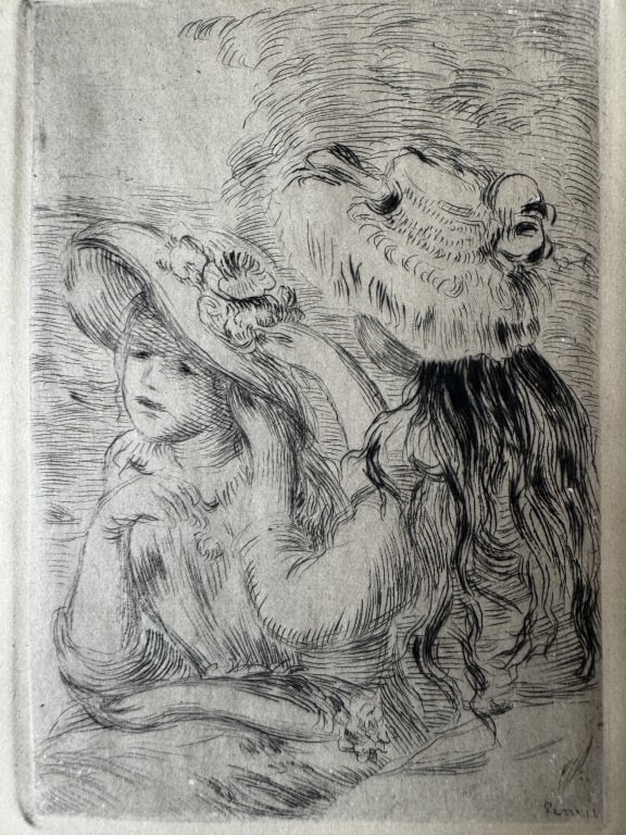 Renoir 1894 Etching Chapeau Epingle 1st Plate: Renoir 1894 Etching Chapeau Epingle 1st Plate Rare 1894 etching on paper by Impressionist Pierre-Auguste Renoir (French, 1841 - 1919) "Le Chapeau Epingle", or "Pinning of the Hat", based on the 1893 p