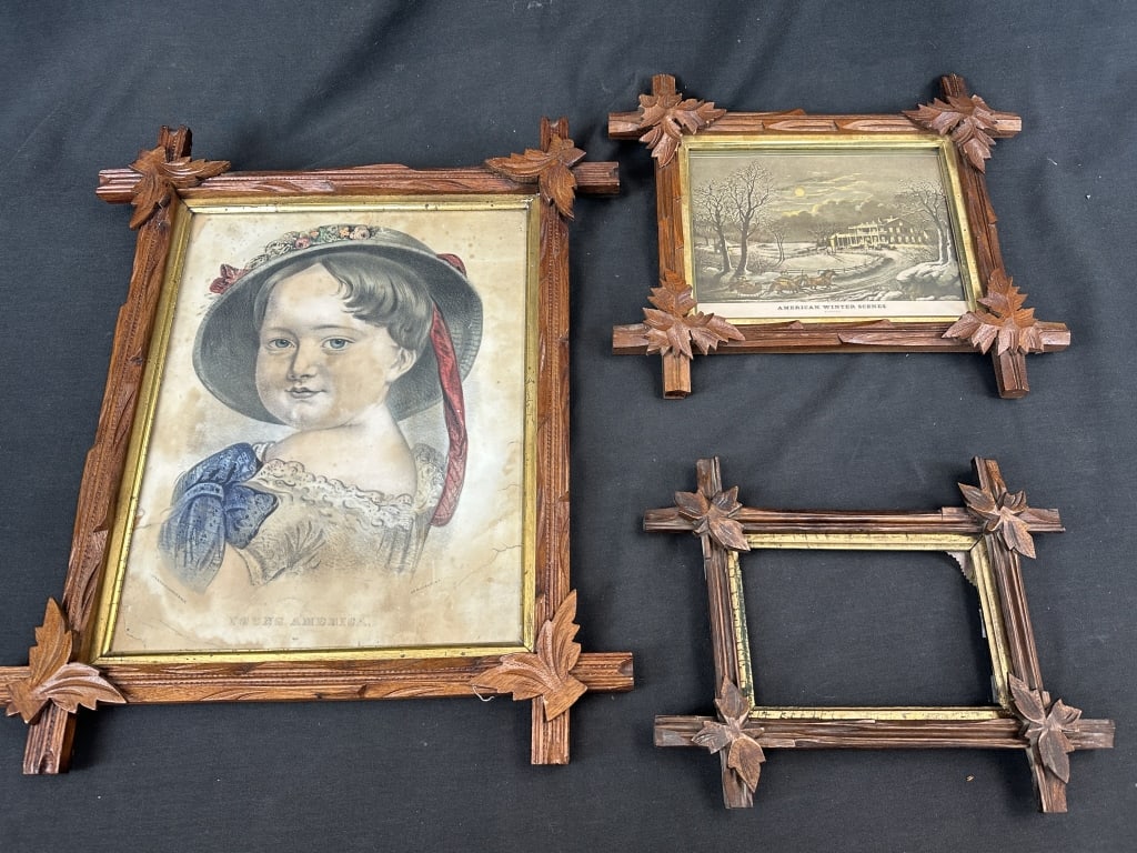 3 Arts & Crafts Adirondack Carved Frames wLeaves: 3 Arts & Crafts Adirondack Carved Frames wLeaves Set of three antique Arts & Crafts Adirondack folk art hand carved wood picture frames. With applied decorative carved leaves and gilt inner frame. Vic