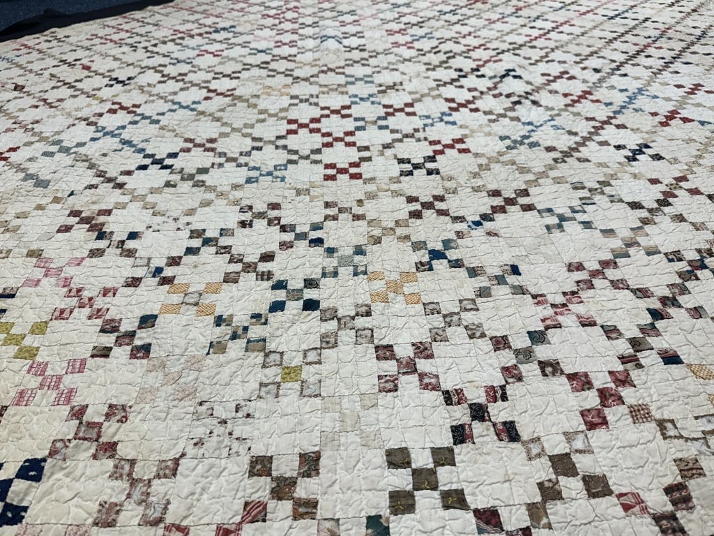 Vintage Small Square Colorful Handmade Quilt: Vintage Small Square Colorful Handmade Quilt Handmade Antique small square colorful patch quilt on white field. Measures: 87" x 70"