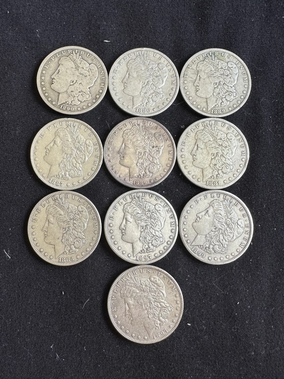 10 Morgan Silver Dollars 1880S-1899: 10 Morgan Silver Dollars 1880S-1899 10 different Morgan silver dollars: 1880 S, 1881 S, 1883, 1887, 1889, 1889 0, 1890 0, 1897, 1897 S, 1899. Good to extra fine