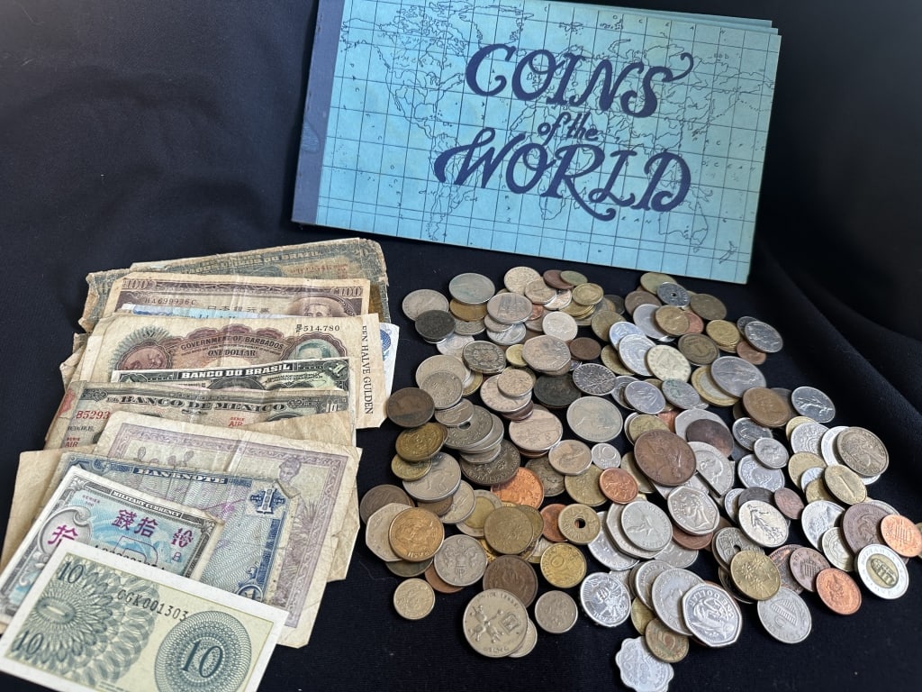 Foreign Lot of Coins & Paper Money: Foreign Lot of Coins & Paper Money A foreign lot of coins and paper money approx. 150 coins and a Coins of the World Book Album with 20 coins + 19 foreign currency notes.