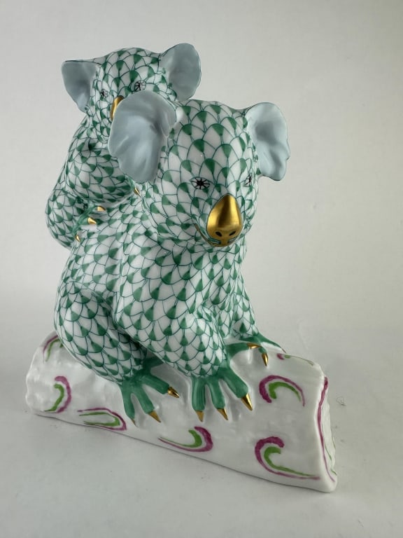 Herend Koalas on Branch Green Porcelain 15349: Herend Koalas on Branch Green Porcelain 15349 Handpainted Herend porcelain Koala and baby on branch in green (VHV) fishnet pattern with 24k gold and natural accents. Made by Herend of Hungary. Marked 