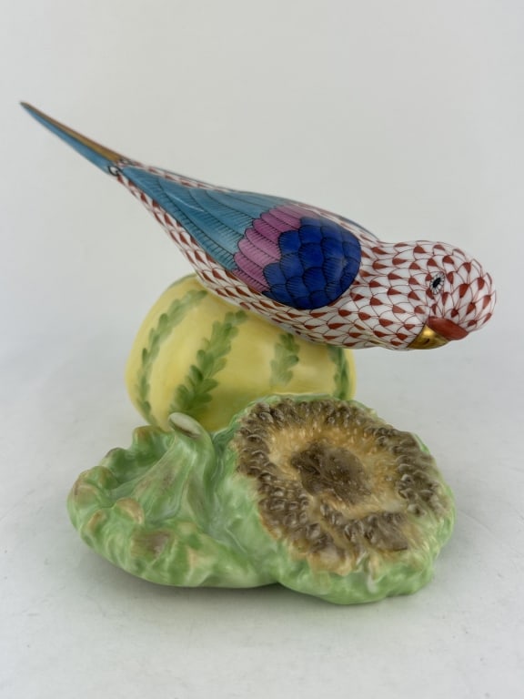 1st Ed Herend Parakeet w Fruit Red Natural 15149: 1st Ed Herend Parakeet w Fruit Red Natural 15149 Rare handpainted Herend porcelain parakeet in red (VH) fishnet pattern with multi-color and 24k gold accents perched on natural fruit. First edition ma