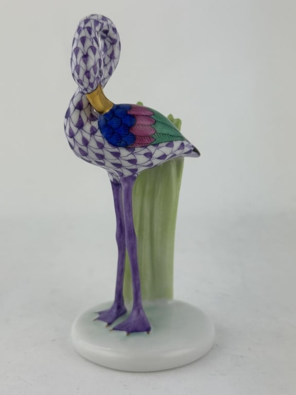 Rare Herend Little Flamingo Lilac Porcelain 15523: Rare Herend Little Flamingo Lilac Porcelain 15523 Handpainted Herend porcelain little flamingo in lilac (VHL) fishnet pattern with multi-color and 24k gold accents. Made by Herend of Hungary. Marked "