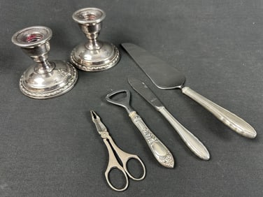 Lot of Sterling Handled Pieces & Candlestick Set