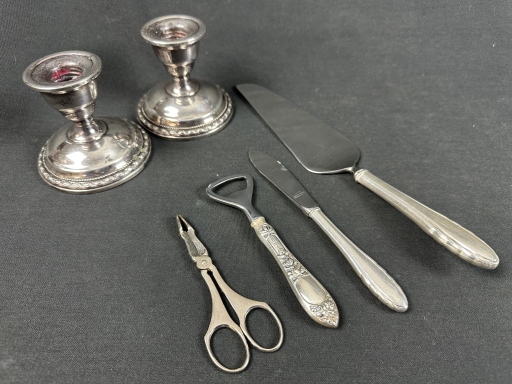 Lot of Sterling Handled Pieces & Candlestick Set