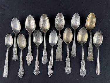 13 Sterling Silver Antique Souvenir Teaspoons