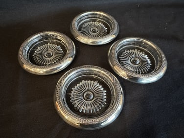 Set of 4 Sterling Silver Rim Glass Coasters