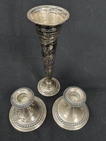 Sterling Silver Vase & Pair of Candlesticks