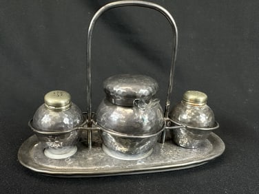 Unique 4pc German Condiment Set Metal Over Ceramic