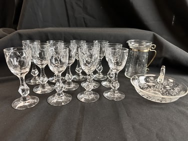 14 Pcs Set Etched Cordial Glasses,Dish & SmPitcher
