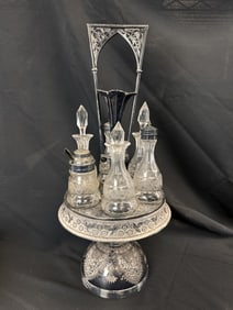 Victorian Silver & Etched Crystal Cruet Set wStand