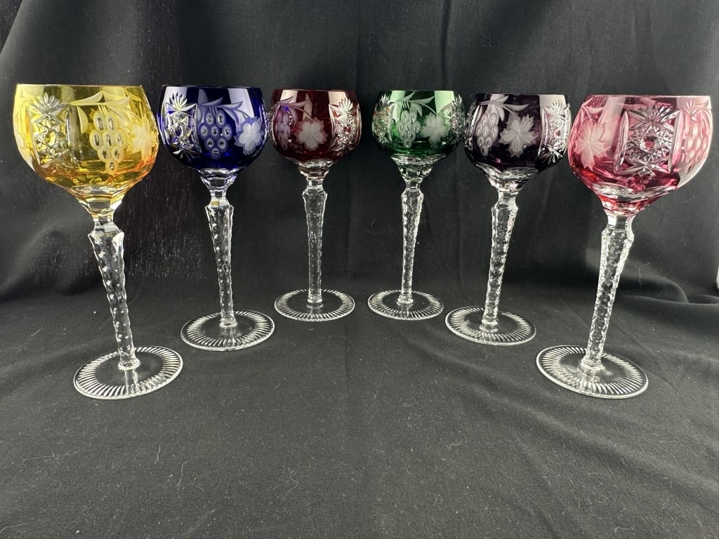 6 Bohemian Cut to Clear Crystal Wine Glasses: Set of six Wonderful Bohemian / Czech multi color cut to clear crystal wine glasses. In amber, emerald green, cobalt blue, dusky purple, ruby red, and soft pink. Measures: 8-1/2" x 3".
