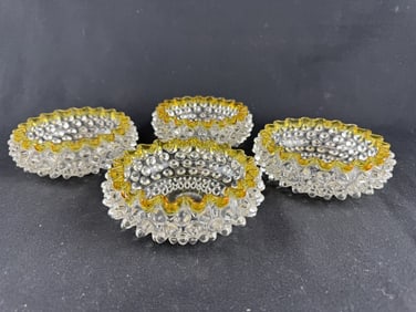 Set of 4 Hobnail Yellow Clear Glass Dessert Bowls